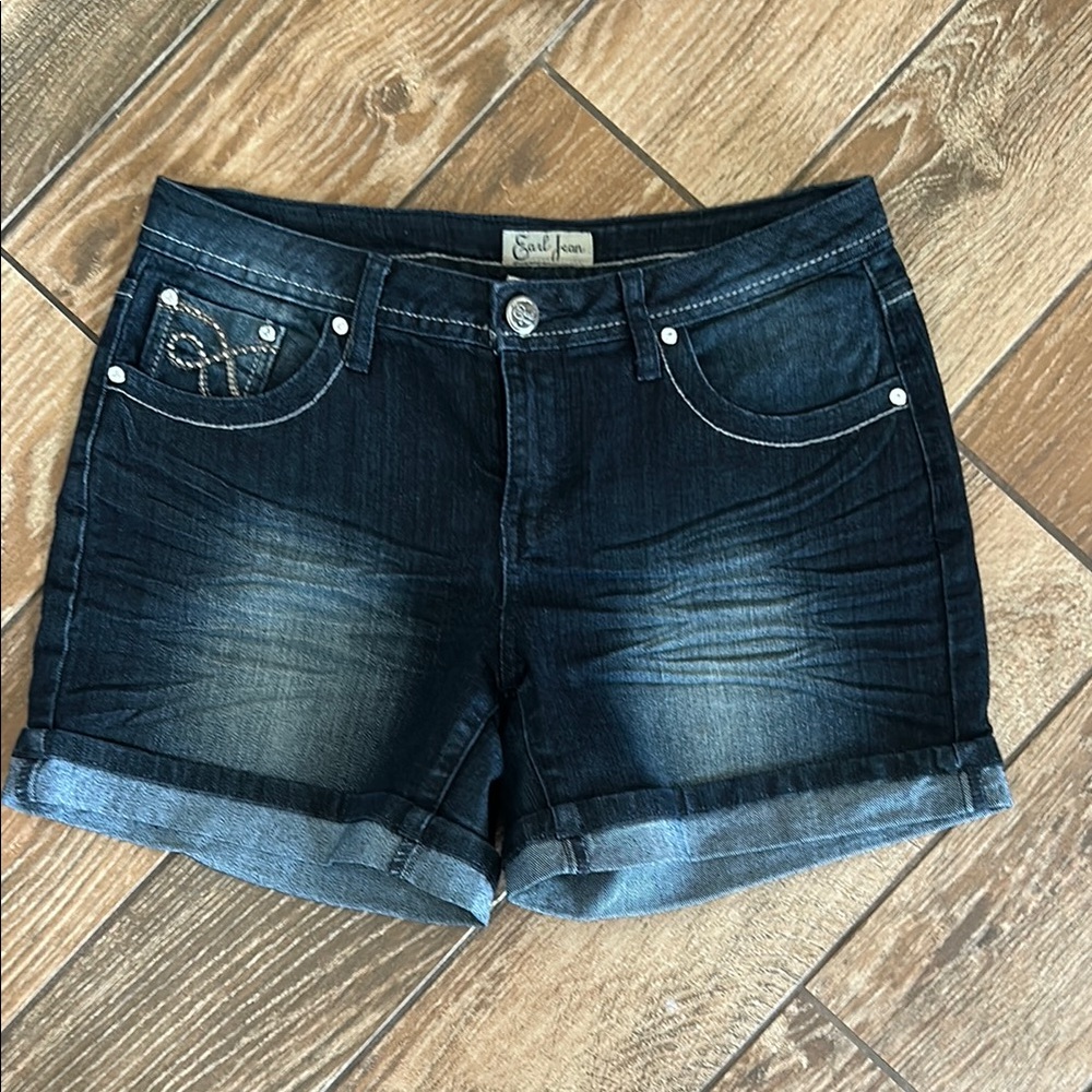 Earl Jean Blue Jean Shorts with Cuffed Hem and Distressed Look